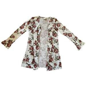 Skönhet Gray Floral Rose Print Long Open Front Cardigan Medium